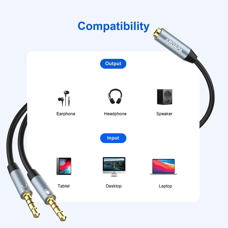 ANDAPA Divisor de Audio y micrófono(21CM), Adaptador de Auriculares 3.5mm