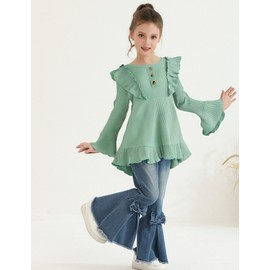 Auiopila Kids Toddler Girl Clothes Solid Color Ruffle Sleeve Top and Flare Jeans Pants 2Pcs Fall Winter Girl Outfits