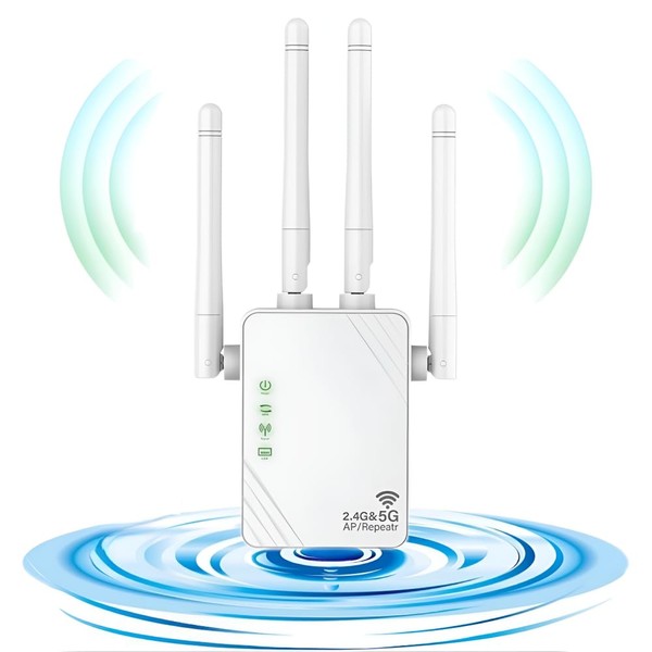 WiFi Repeater, WiFi Extender, 2023 WiFi Amplifier, 1200 Mbps, 5 GHz / 2.4 GHz, Dual Band Anti-Jamming, Repeater/Router/AP, 4 Antennas, 2 LAN Ports for Home, Office
