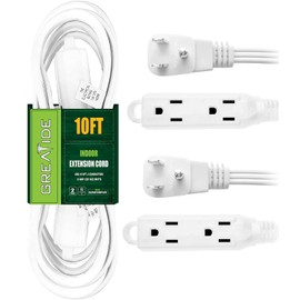 GREATIDE - Cable de extensión de 3 salidas de 10 pies con enchufe plano, 3 clavijas a tierra, 16/3 SPT-3 cable de alimentación para uso en interiores, blanco, paquete de 2