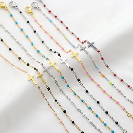 HMOOY 14K Gold Plated Cross Beaded Bracelet for Women, Stainless Steel Adjustable Religious Christian Bracelet Faith Confirmation Jewelry Easter Party Birthday Gifts for Women (Red, Silver Plated)