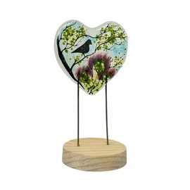 Kilts Wi Hae Handmade Fused Glass Standing Wooden Base Blackbird & Scottish Thistle Love Heart