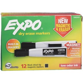 EXPO Magnetic Dry Erase Marker with Eraser, Chisel Tip, Black, 12-Count