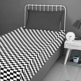 Bedlam - Black & White Checkered Single Fitted Sheet (190 x 90 x 25cm) - Black & White Bedding - Black/White Tile Bed Sheet - Black & White Check Bed Sheet in Single - Matching Duvet Cover Available