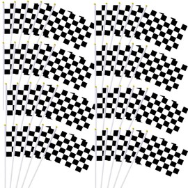 50 Pack Hand Waving Flags Black and White Checkered Racing Flags and Banners Pennant Decoration for Game Parade Sport Events, Festival Party Handheld Flags with Plastic Stick 14 * 21cm with Gold Ball