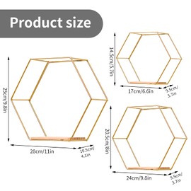 LMYDIDO Set of 3 Hexagon Wall Shelves, Hanging Shelves, Metal and Wood Floating Shelves, Wall Storage Organiser for Kitchen Shelf, Bathroom, Bedroom, Wall Decoration (Gold)
