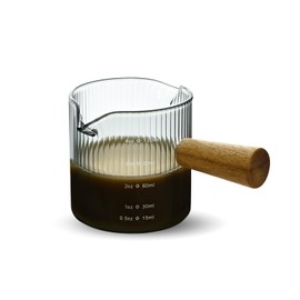 Denovin Glass Measuring Cup, 4oz Espresso Shot Glass with Wood Handle, Double Spouts Measuring Triple Pitcher Milk Cup for Coffee Tea (Gray Ribbed）