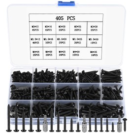 Pack of 405 Black Round Head Screws Set, M3/M3.5/M4, Torx Wood Screws Carbon Steel Self Tapping Screws with 3 Pieces Bits