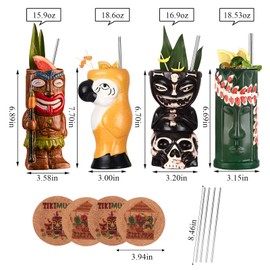 USEEKRIL Tiki Mugs for Cocktail Set of 4 - Ceramic Tiki Glasses with Straws and Coasters? Exotic Cocktail Glasses for Hawaiian Party,Tropical Drinkware for Mai Tai, Luaus, and Tiki Bars.
