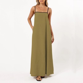 Senllen Women's Linen Dress Summer Loose Flowy Sundress Contrast Spaghetti Strap Sleeveless Backless Beach Maxi Long Dresses Ginger Yellow