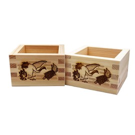 TOKYO ART Japanese Wooden Sake Masu Cups (Set of 2) with Japanese Lucky Artwork, Square Sake Boxes - Crafted from Japanese high-grade cypress wood, Made in Japan (Crane and Tortoise)