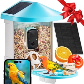VEVOR Smart Bird Feeder Camera with 3 Solar Panels, Solar Powered Wireless Camera Bird Feeder with Live Video, AI Identify, Auto Detect & Instant Notify, and 2K Full HD, Ideal Gift for Bird Lover - Solar Panel: 2 Roof Sides + 1 External 3W Panel - Blue