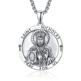 ADMETUS St Nicholas Medal Sterling Silver Saint Nicholas Necklace for Men Saint Nicholas Pendant Medal Medallion Protection Jewelry Religious Gifts for Men