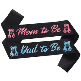 Mom To Be & Dad To Be Baby Shower Sash Black, Baby Shower Party Gifts for New Mom Dad Gender Reveal Supplies Decorations Favors, Pregnancy Props Keepsake Bear Theme, Plastic, no gemstone