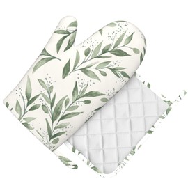 Silicone Oven Mitts and Pot Holders Sets, Home Green Leaf Heat Resistant BBQ Gloves for Kitchen Baking Cooking Grilling Microwave