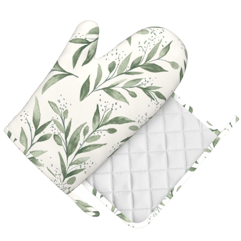 Silicone Oven Mitts and Pot Holders Sets, Home Green Leaf