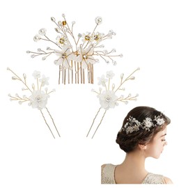 Hair Ornament, Headdress, Comb, U Pin, Hair Ornament, Pearl, 3-piece Set, Bride Hair Accessory, Handmade Wedding Headdress Hair Ornament, Flower Wedding Reception, Kimono, After-party, Recital,
