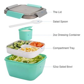 Freshmage Salad Lunch Container To Go, 52-oz Salad Bowls with 3 Compartments, Salad Dressings Container for Salad Toppings, Snacks, Men, Women (Green)