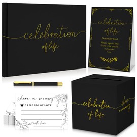 Celebration of Life Funeral Guest Book Set, Black Gold Memorial Guest Book with Sign-In Table Sign, 50 Memory Cards, Pen & Keepsake Box for Funeral, Memorial Service & Celebration of Life (9" x 7", 126 Page)