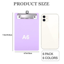 6 Pack Small Clipboards, Plastic Mini Clipboards 4.7x7.3, A6 Letter Size Mini Clipboard with Retaining Clips, Memo Size Notepads Pocket Clipboard, Colorful Clipboards for Classroom Restaurants Office