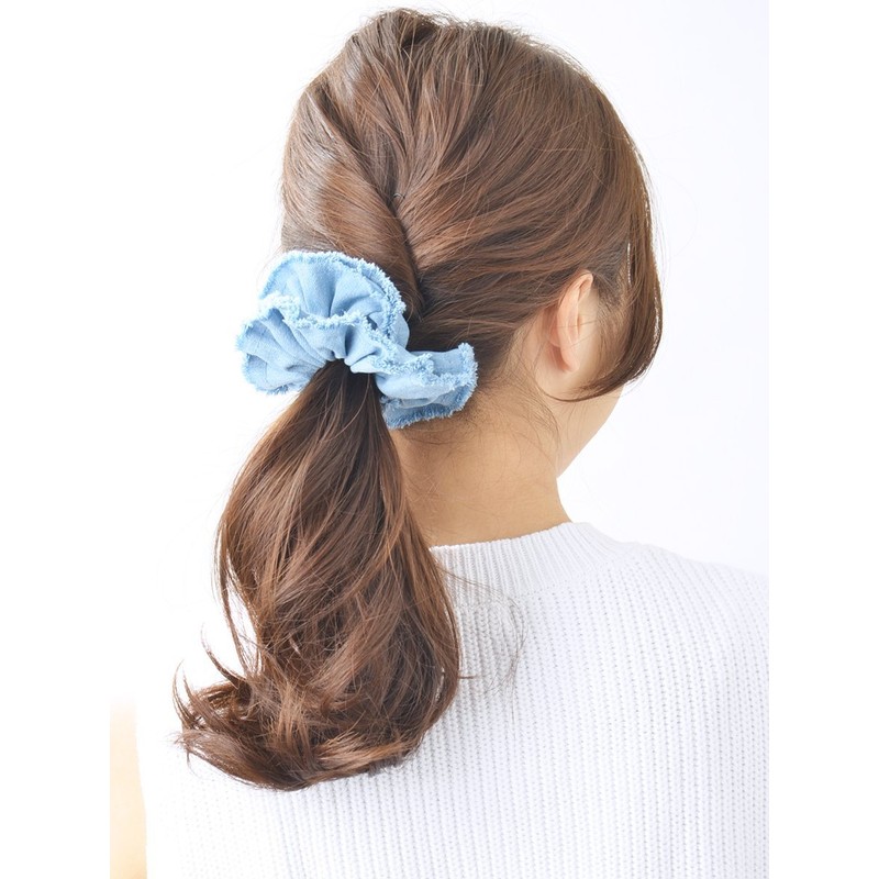 VingTAINE HS-95 Denim Fringe Scrunchie Hair Accessory, blue (light)