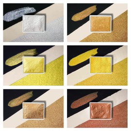 Art Supplies Handmade Watercolors Paint Set - 6 Metallic Gold Colors Half Pans Glitter Solid Water Color- Metal Case Sparkle Pearlescent Watercolour for Artists. White Gold