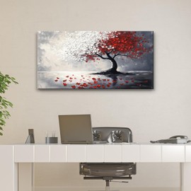 GYJAGHL Red and White The Tree of Life Wall Art Abstract Tree Oil Painting Print, Modern Dark Panoramic Landscape Tree Wall Painting in Living Room, Bedroom, and Office, Modern 3D texture sensation Artwork
