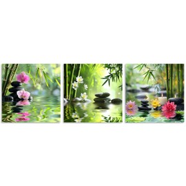 TutuBeer 3 Pcs Zen Wall Art Zen Pictures for Bathroom Spa Still Life Spa Stone Green Bamboo Orchid in Water Pictures Prints on Canvas for Home Office Wall Decor Stretched and Framed 12x12inchx3