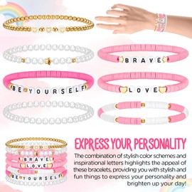 Landical 7 Pcs Friendship Bracelets Preppy Heishi Surfer Bracelets Clay Beaded Bracelets (Macaron Pink)