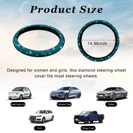 Dickno Bling Steering Wheel Cover, 15 Inch Crystal Diamond Car Steering Wheel Protector for Women Girls, Sparkling Anti-Slip Steering Wheel Decor Accessories for Most Vehicles (Sky Blue)