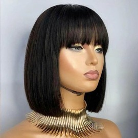 Fereowth 12 Inch Bob with Bangs Wigs for Women Human Hair Natural Brazilian Wig Short Bob with Straps (Black)