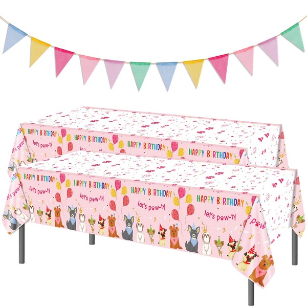 Dog Birthday Party Supplies 2 PCS Paw Print Tablecloth with a Colorful Triangle Pennant Banner Flags, Pet Dog Party Table Covers Puppy Party Decorations for Girls Kids Baby Shower