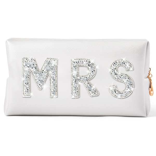 Y1tvei MRS White Patch Cosmetic Bag, Rhinestone Letter PU Large Capacity Travel Toiletry Bags, Leather Toiletry Bag, Handbags, Waterproof Organiser for Women, white xl - large, Modern