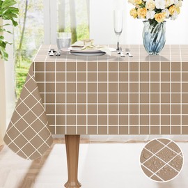 Spotjoy - Mantel rectangular de vinilo impermeable con respaldo de franela, mantel de plástico lavable a cuadros para cenar, picnic, interior y exterior (60 x 120 pulgadas, color caqui)