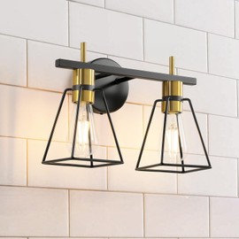 HAHZT Industrial Bathroom Vanity Lights: 2 Lights Black and Gold Vintage Metal Cage Wall Sconces - Rustic Farmhouse Lightning Fixture Over Mirrors Cabinet for Home Hallway