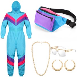 Twistover Women 80's Tracksuit Set Windbreaker Outfits with Hip Hop Costume Accessories Long Sleeve Zipper 80s Jumpsuit Set(S)