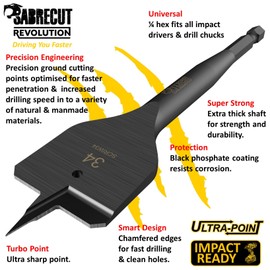 3 x SabreCut SCRIW34_3 34mm x 152mm Impact Rated Flat Wood Spade Bits for Softwood Hardwood Chipboard