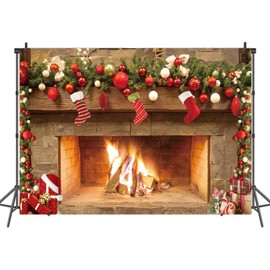 Christmas Fireplace Backdrop 7x5ft – Festive Holiday Mantel Scene with Stockings, Ornaments & Fire – Warm Cozy Xmas Decoration Banner for Winter Party Photo Booth 109