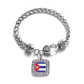 Inspired Silver - Cuba Flag - Silver Braided Bracelet for Women - Square Charm Bracelet Jewelry Gift with Cubic Zirconia - Women's Charm Bracelet with Lobster Claw Clasp
