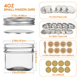 Small Mason Jars With Lids, 4 oz Mini Mason jars 8 Pack, Canning Jars With 8 Split-Type Lids And EXTRA 8 One Piece Lids For Dessert, Honey, DIY Candle