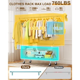 FYBEE Upgraded 100% Stainless Steel Clothing Rack Load 760LBS, Heavy Duty Clothes Racks with Larger & Sturdy Wheel, Extendable & Adjustable Rolling Garment with Shelves