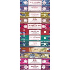 Satya Bangalore (BNG) Set of 12 Nag Champa, Lavender, Arabian Musk, Egytian Jasmine, Musk, Dragon's Fire, Dragon's Blood, Prana, Ajaro, Money, Rose, Meditation, VarietyPack02