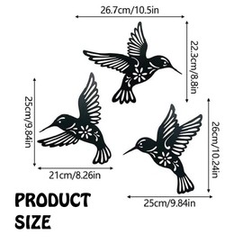 3 Pcs Black Metal Hummingbird Wall Art Decor - Iron Cutout Decorations for Home Hanging - Suitable for Patio, Balcony, Yard, Living Room, Bedroom, and Office