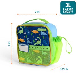 Elemental Insulated Lunch Bag for Kids, with Water Bottle Pocket & Charm Band, Fits Lunch Box, Lunch Bag for School to Keeps Food at Optimal Temperature, 3L - Dinosaur