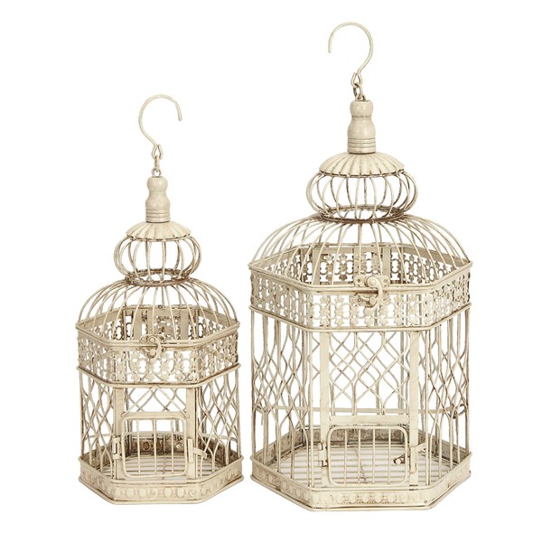 Deco 79 Metal Hexagon Birdcage with Latch Lock Closure and Hanging Hook, Set of 2 21", 18"H, Cream