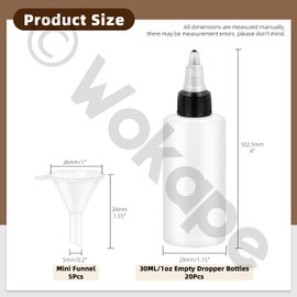 Wokape 25Pcs 30ML Clear Dispensing Bottles, Empty Plastic Squeeze Bottle Kit Contains 20Pcs 1oz Boston Round LDPE Plastic Bottles with Twist Top Cap, 5Pcs Funnels for Kitchen Household Home