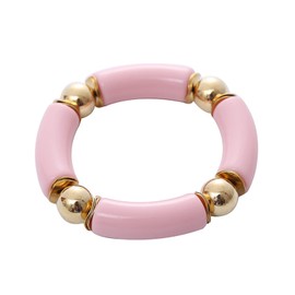 Chunky Acrylic Bamboo Tube Curved Bangle Bracelet for Women Colorful Resin Stacking Stretchy Beaded Bracelet Friendship Summer Beach Holiday Jewelry-B pink