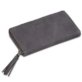 ROYALZ 'Helena' Vintage Leather Purse Women's Large Zip Many Compartments Purse Women's RFID Protection Purse Women Leather, Navy grey, Vintage