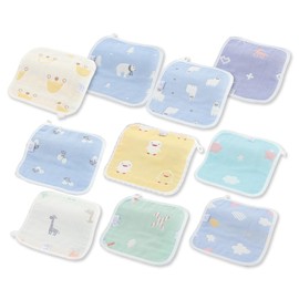 RERACO Gauze Handkerchief, Gauze Towel, With Loop, For Babies, Kids, 6-Ply Gauze, 100% Cotton, Soft, Boys, Nursery, Hand Towels, Set of 10