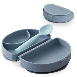 Miniware Fold & Scoop - Silifold Baby Feeding Set with Foldable Silicone Plate & Child-Sized Spoon - Compact, Portable, Dishwasher-Safe, Suction Base for Mess-Free Eating (Aquamarine and Aqua)